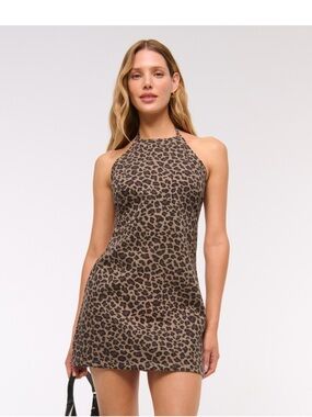 Abercrombie & Fitch Denim Leopard Print Halter Mini Dress